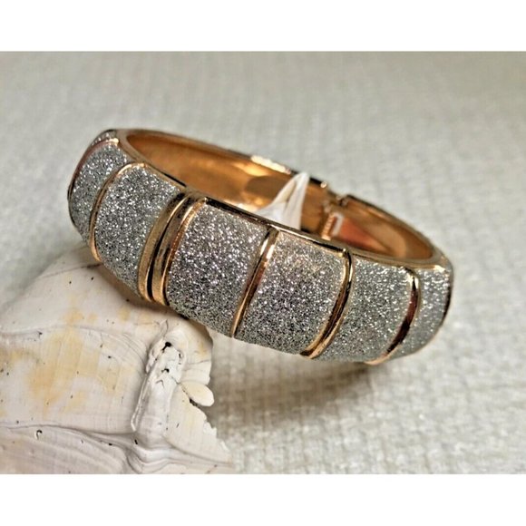 Gold Tone Hinged Bracelet with Pave Crystals -Glitzy Blingy Sparkly - 1/2" Wide - Picture 2 of 6